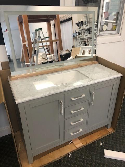 ONLINE AUCTION ONLY: Building Materials & Supplies - Complete Bathroom Vanities with Sinks, Tops & Faucets, Shower Fixtures Furniture and More!