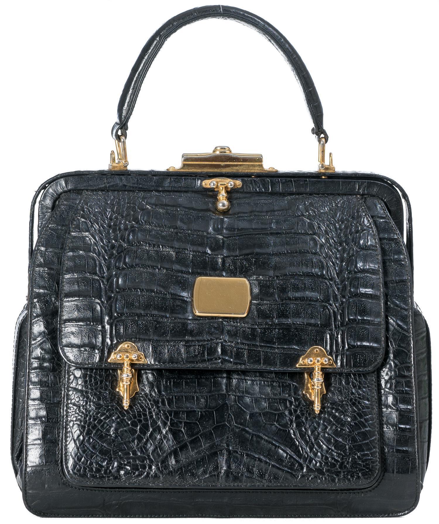 Pour La Victoire Ladies Croco Embossed Striped Leather Handbag