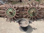 Vintage Cast Iron Rotary Hoe Wheels And Bird Bath