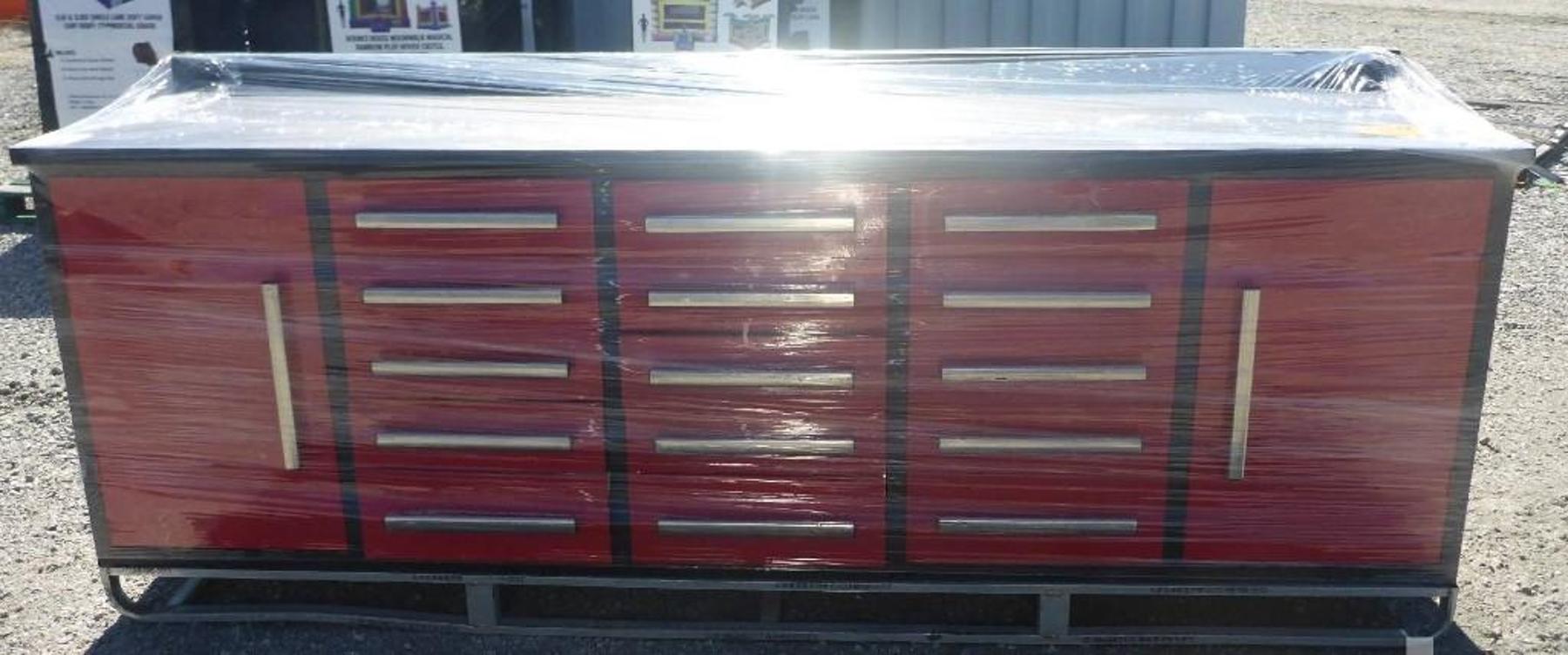 New Storage Buildings & Tool Boxes, New 40' Sea Container, Attachments, & Warehouse Equipment