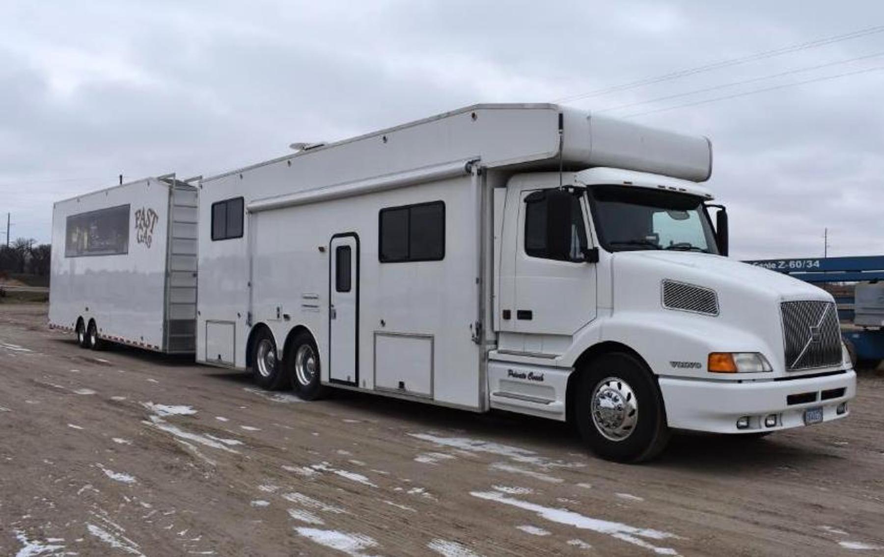 2000 Volvo 38' Overall Motorhome With 2001 Kimbuilt 32' Race Car Trailer With 5' Tongue