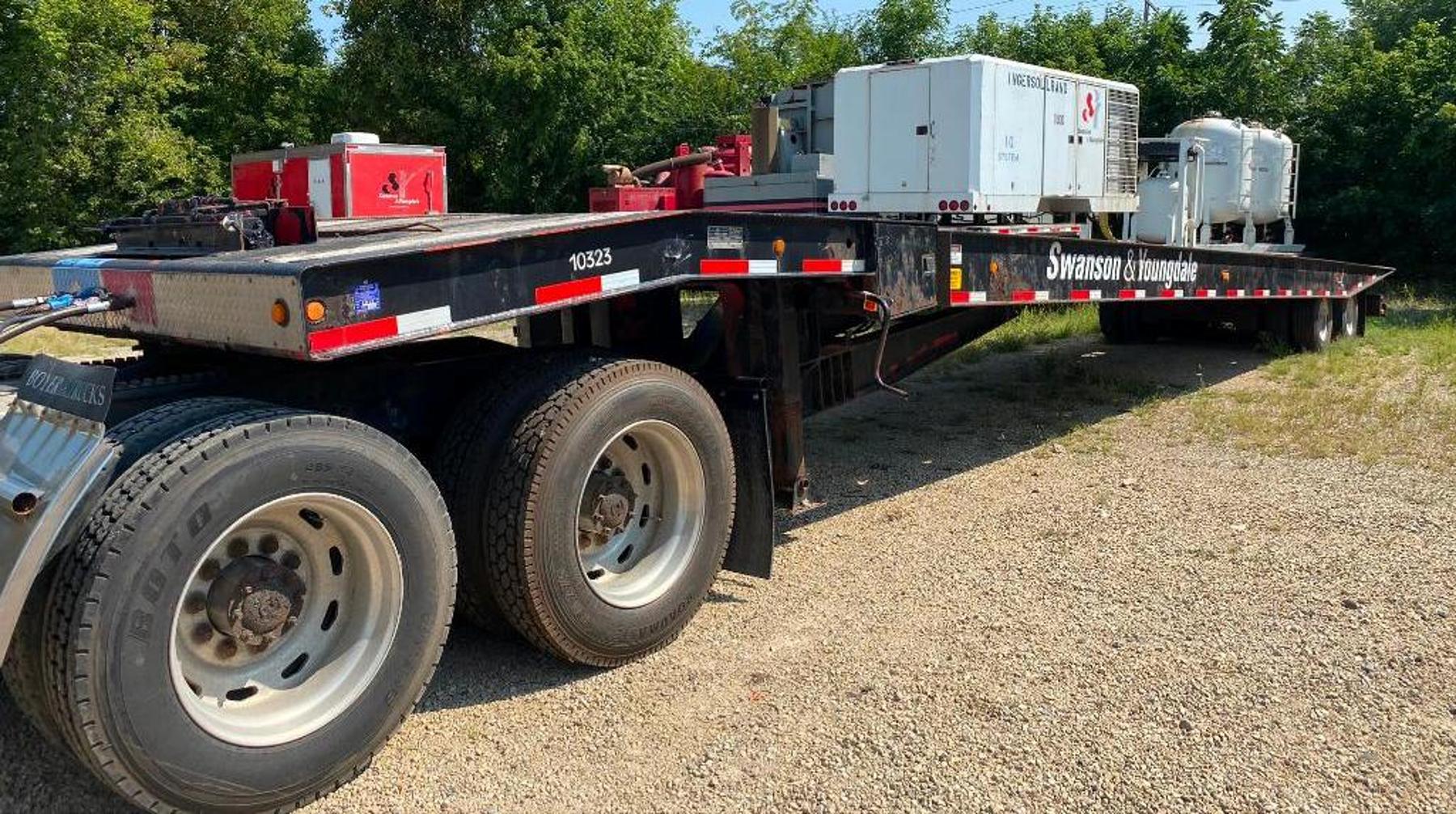 IH 4900 110' Boom Truck, 2000 Freightliner Semi With Cat 3406E 2WS Engine, Talbert 48' Hydraulic Sliding Axle Trailer, 97 Ford Super Duty Dump Truck With 33K Miles, Air Compressor, Tennant Sweeper, IH Flatbed With Liftgate