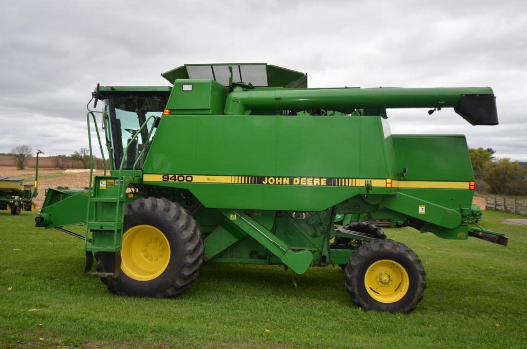 JD 9400 COMBINE, JD 4250 TRACTOR, AND FARM EQUIPMENT