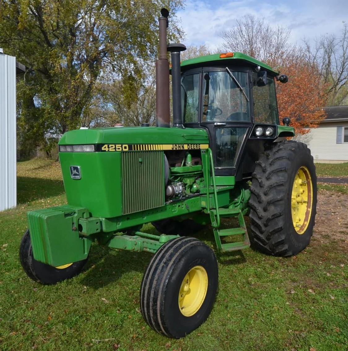 JD 9400 COMBINE, JD 4250 TRACTOR, AND FARM EQUIPMENT