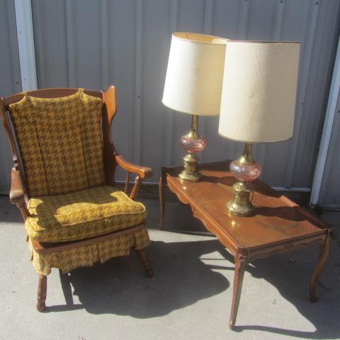 lot 12 image: Spring Rocking Chair, Coffee Table, Lamps