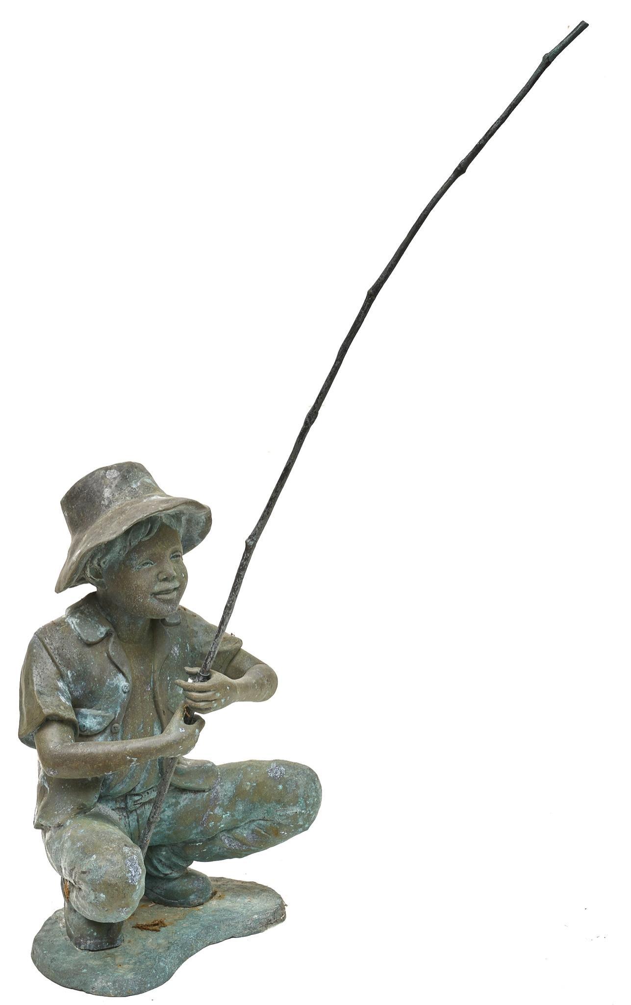 Vintage Garden Bronze Statue, Boy Out Fishing