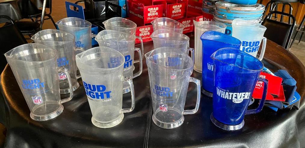 12-bud-light-plastic-reusable-beer-pitchers-logo-koozies