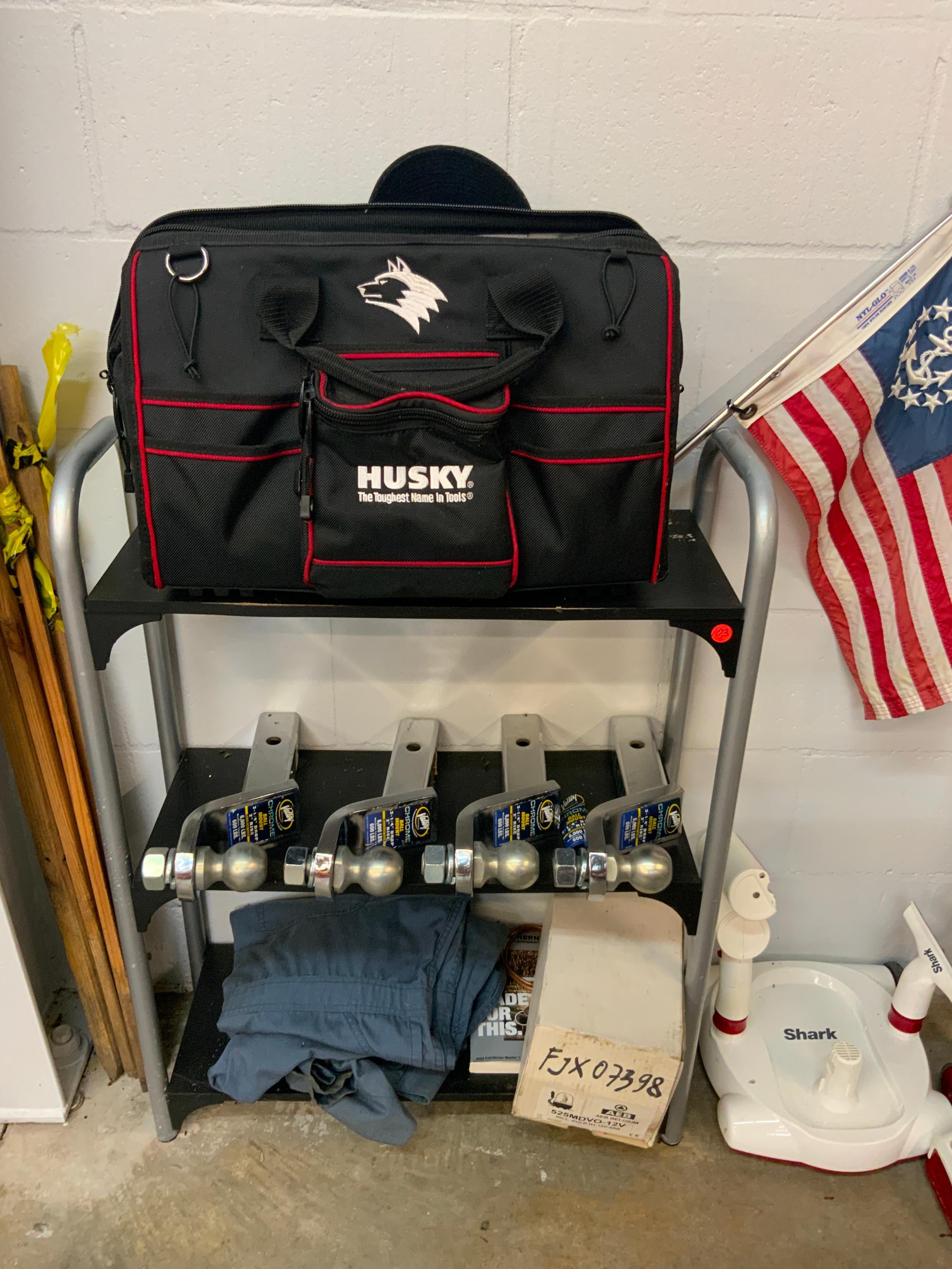 (3) SHELF STAND WITH HUSKY TOOL TOTE BAG (4) 3 1/4IN.