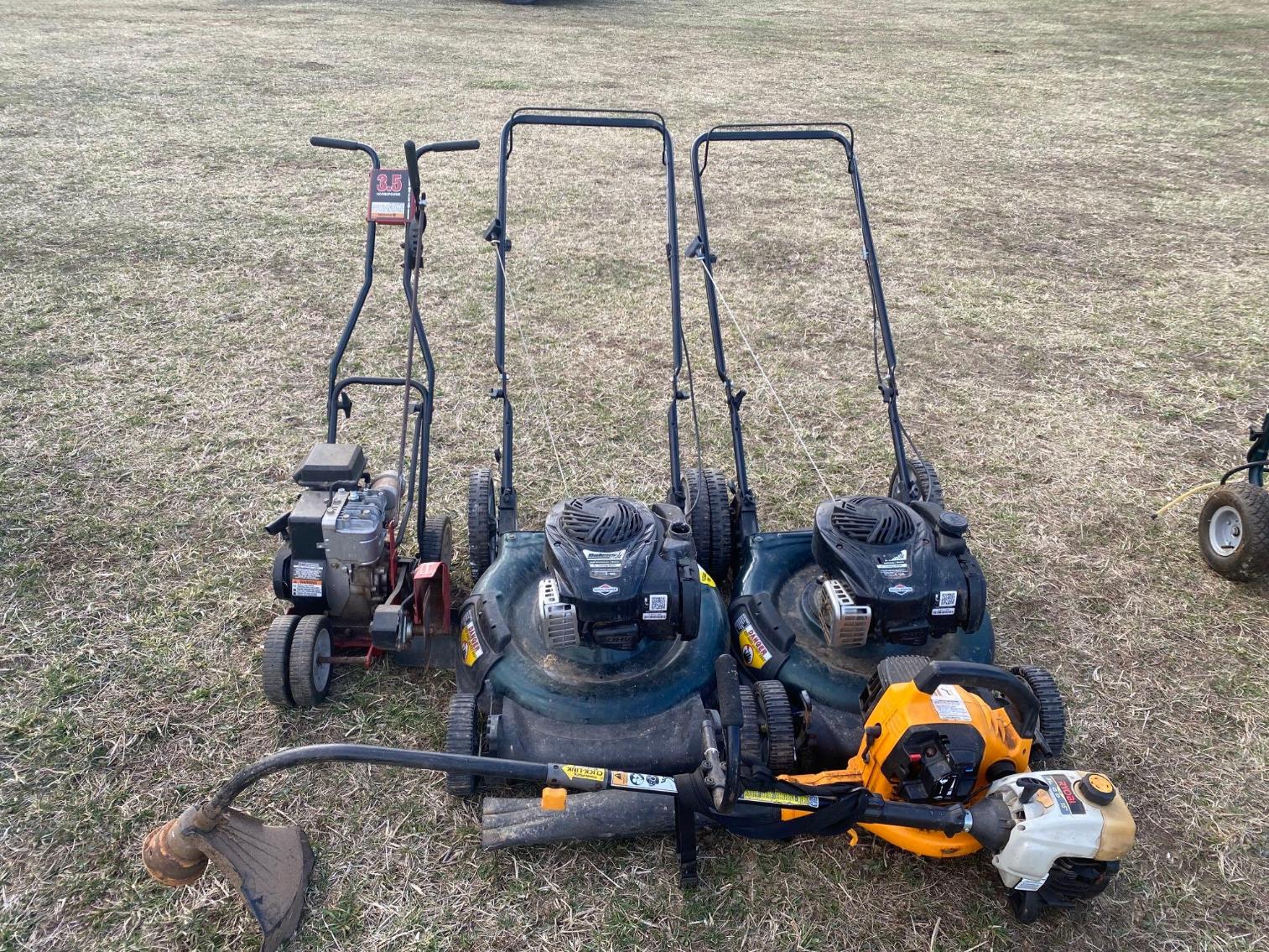Image for Pallet Lot:  2 Push Mowers, Leaf Blower, Weed Eater, Yard Machines, 3.5 HP Edger