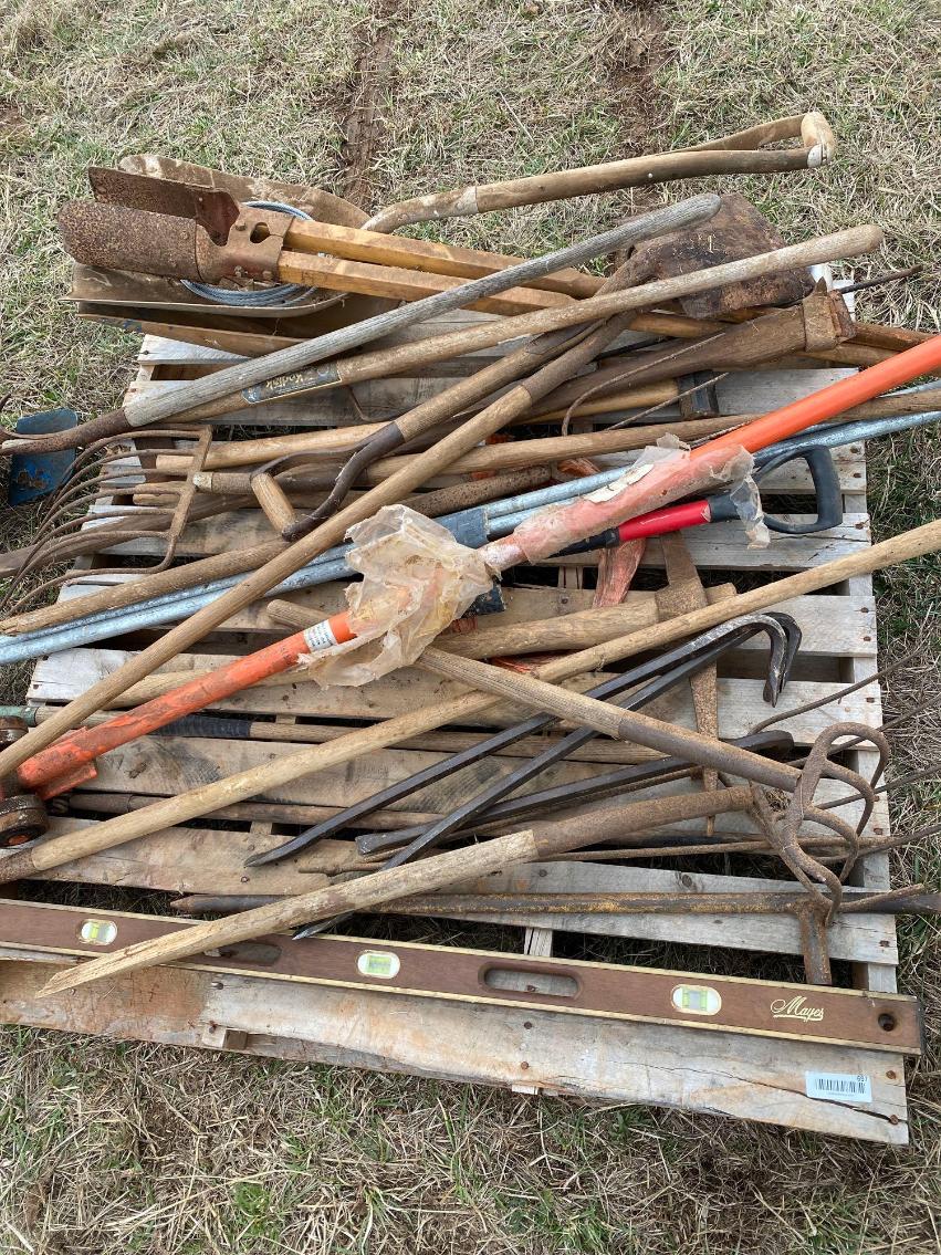 Image for Pallet- Various hand tools, pry bars, shovels, post hole diggers