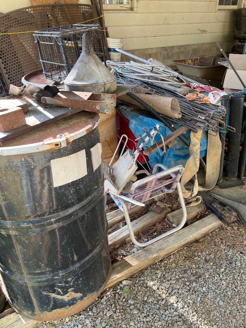 Image for Group of Misc. Items:  2 - 55 Gallon Drums-with contents poss used oil, Pull Behind Garden Cart w/Contents 