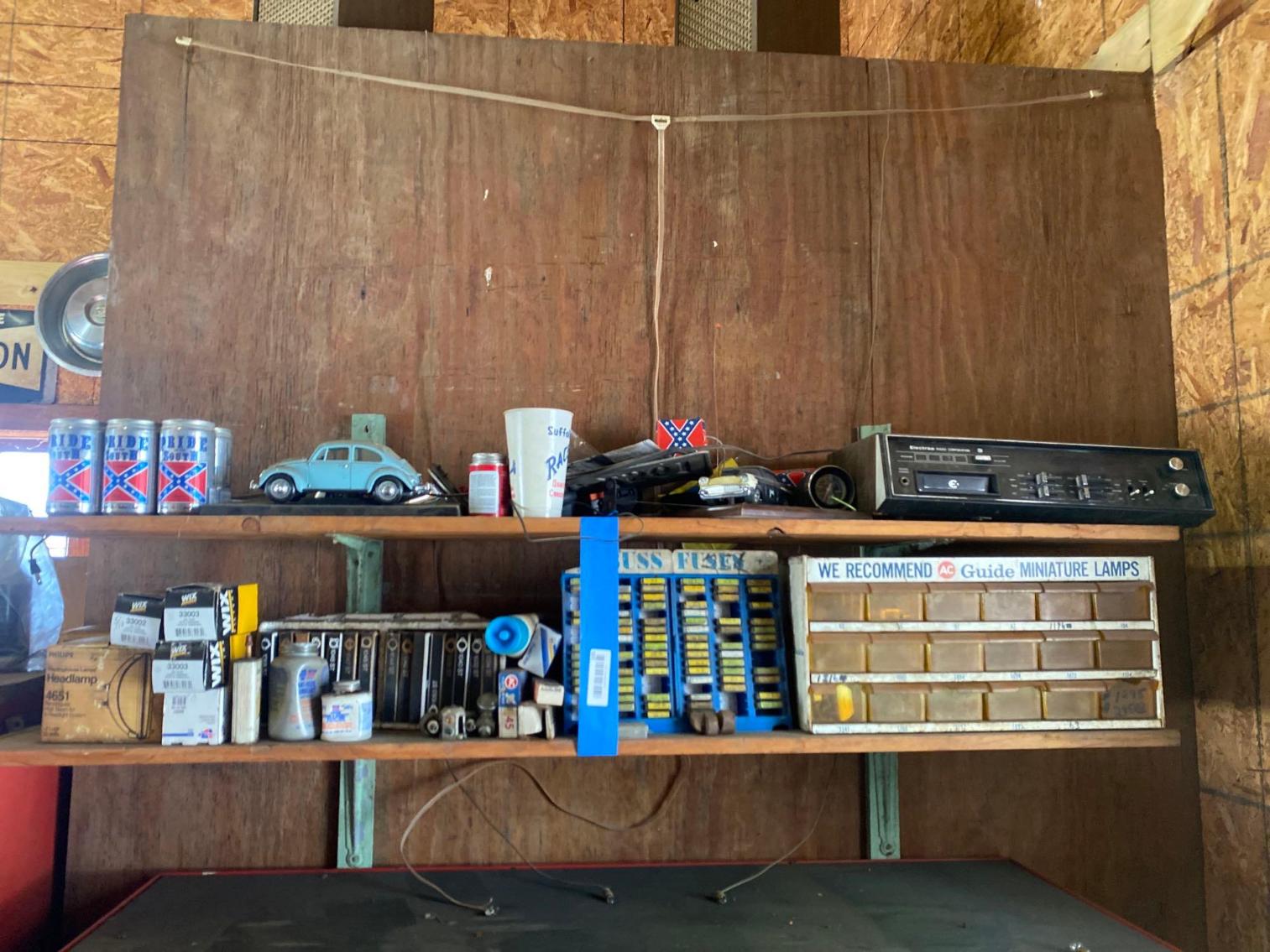 Image for 2 Shelves & Contents (To Include: Gaskets, Fuses, 8 Track Radio System, Etc.)