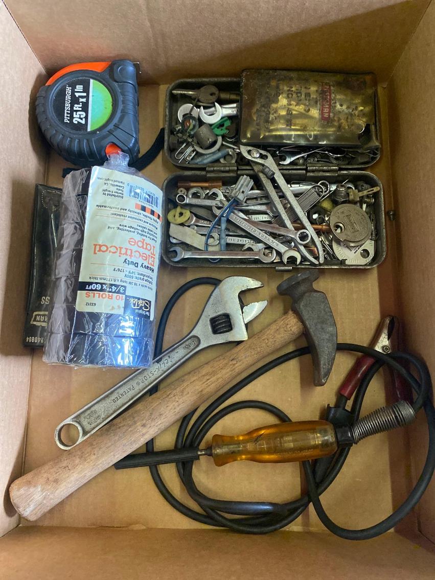 Image for Box of Misc. Snap On Tester, Wrenches, Tape, Etc.