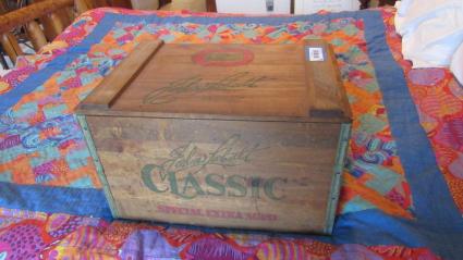 labatt-beer-company-wood-crate-hand-painted-duck-decorated-stool-and-rag-wrapped-rattan-basket