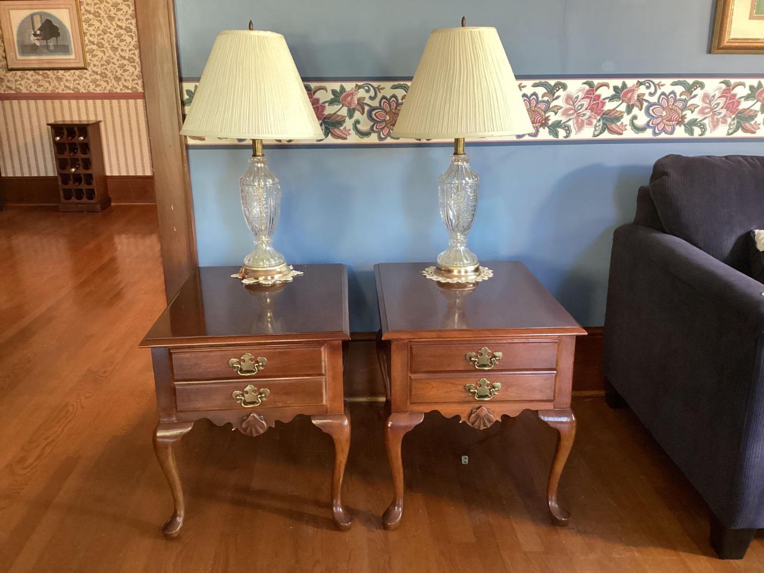 Image for Pair of Cherry End Tables and Crystal Lamps