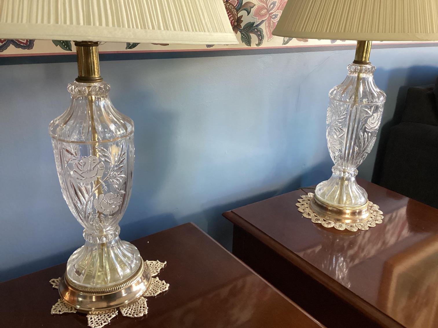Image for Pair of Cherry End Tables and Crystal Lamps