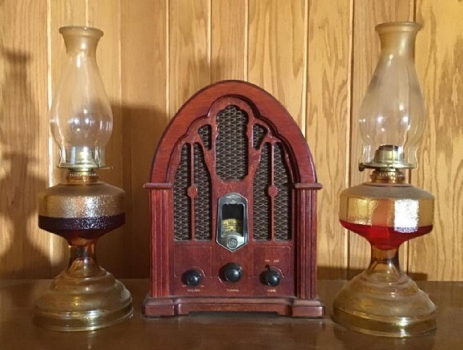 Image for Antique Reproduction Radio And Two Oil Lamps
