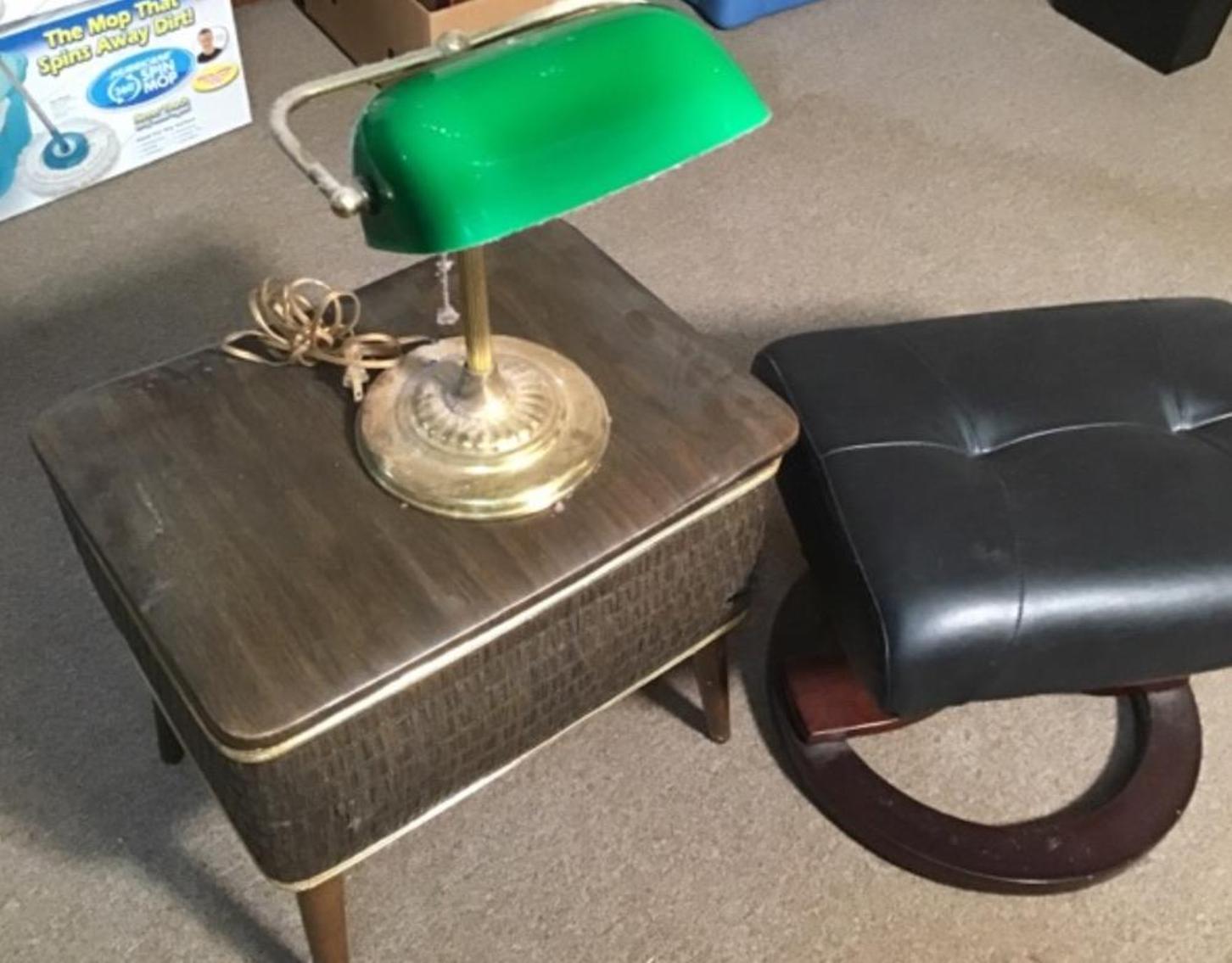 Image for Foot Stool, Sewing Basket, Montgomery Ward Portable Sewing Machine And Lamp