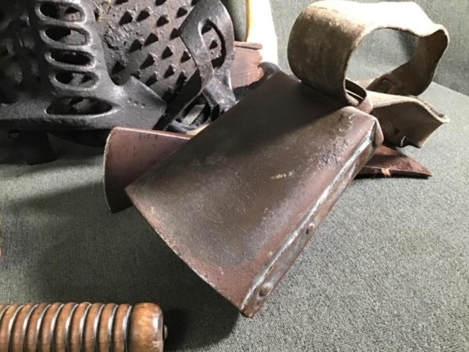 Image for Cow Bell, Cast Iron Corn Sheller, Hatchet, Draw Knife, Us Forest Service Axe Head And More