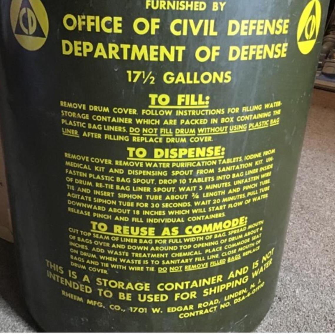 Image for Civil Defense Survival Supplies Water Barrel