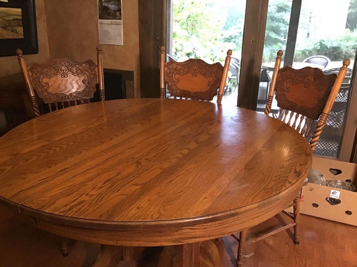 Image for Oak Pedestal Table with 6 Pressed Back Chairs