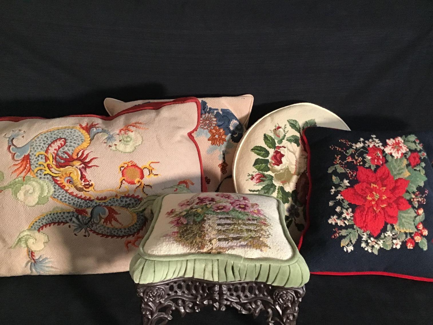 Image for Needlepoint Pillows and Covered Metal Stool