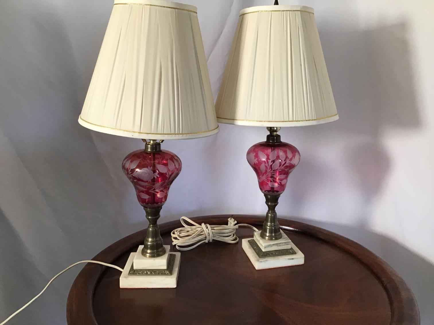 Image for Pair of Cranberry Cut to Clear Lamps