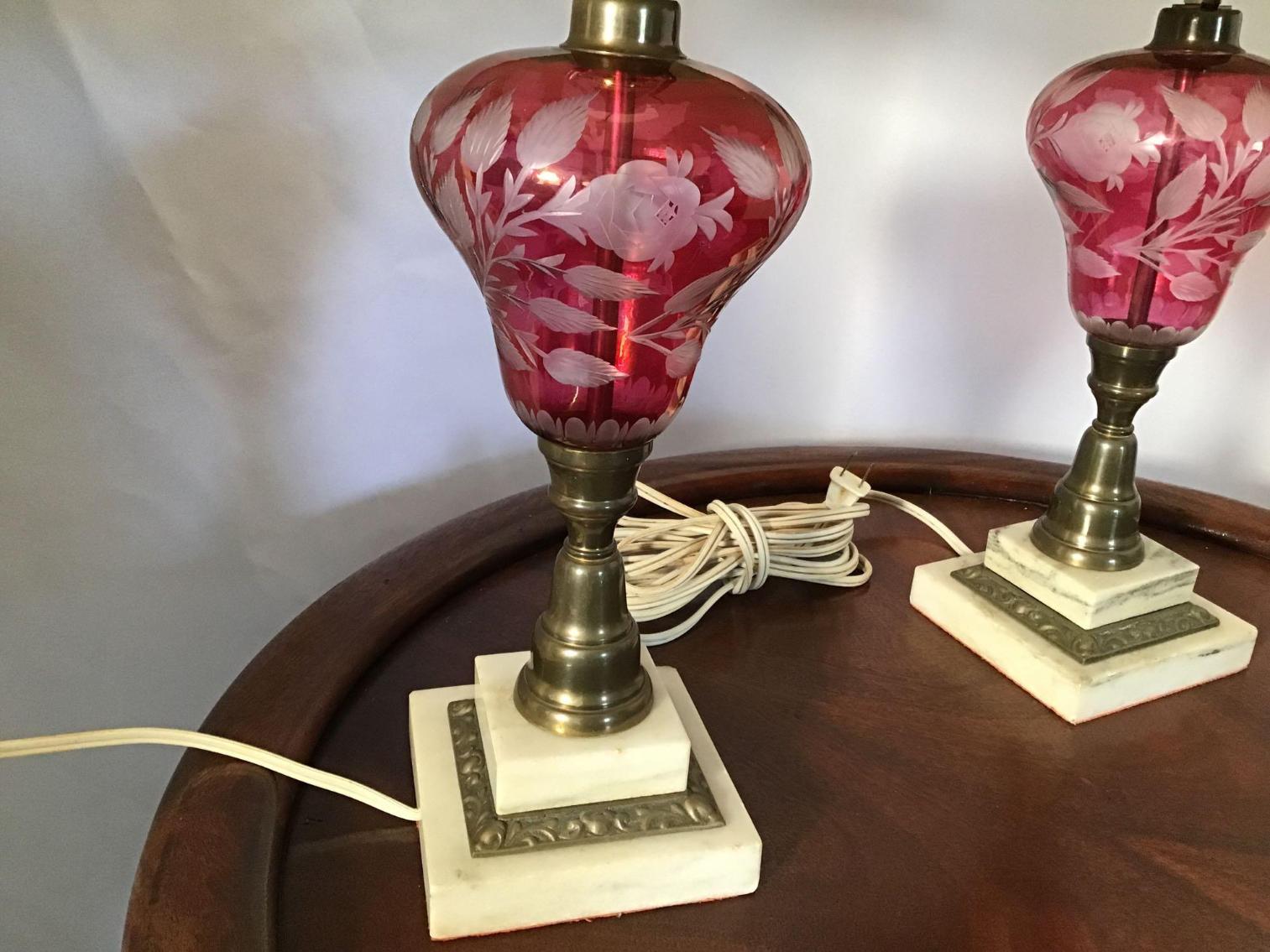 Image for Pair of Cranberry Cut to Clear Lamps