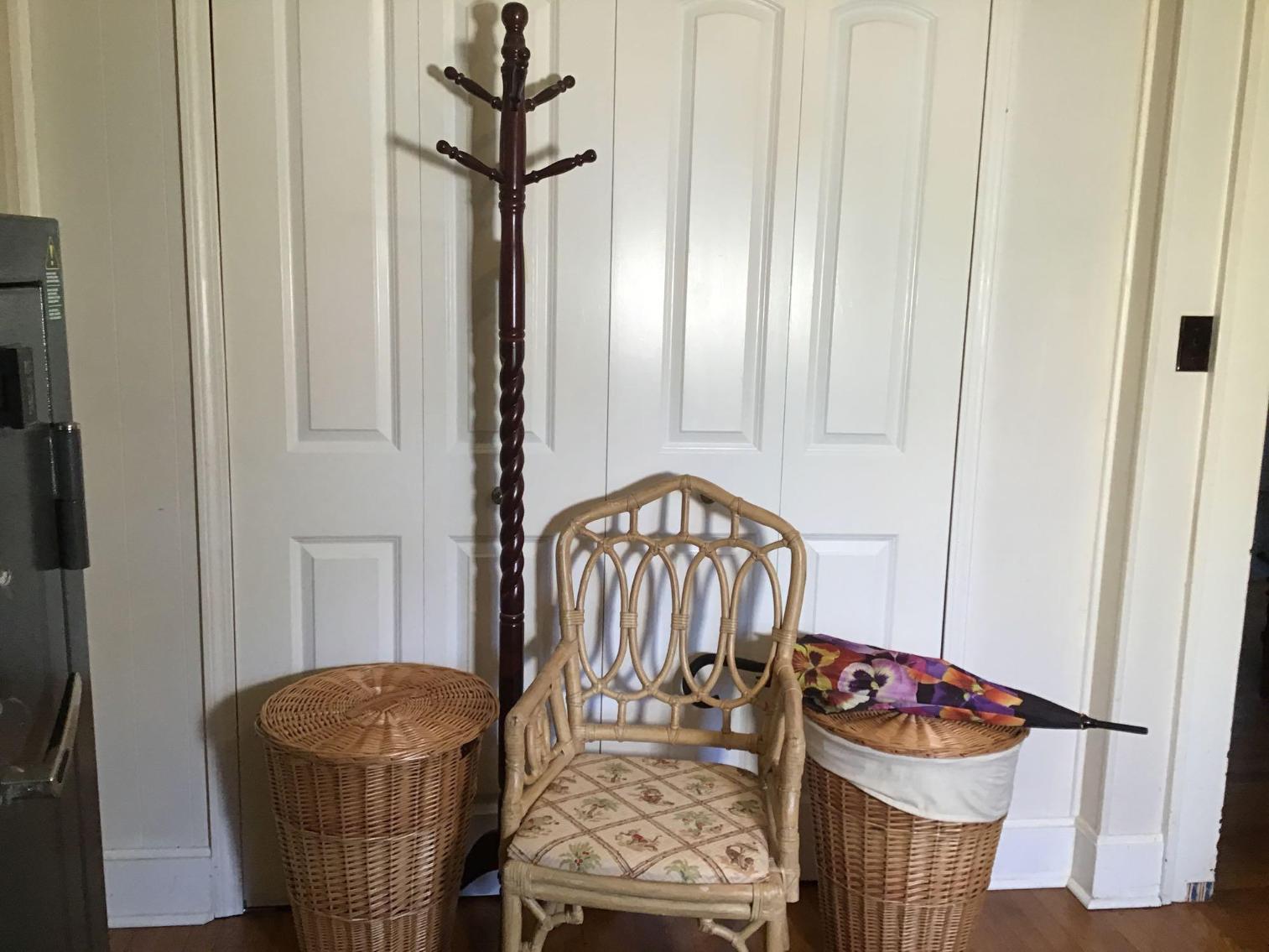 Image for Rattan Chair, Coat rack, and Baskets