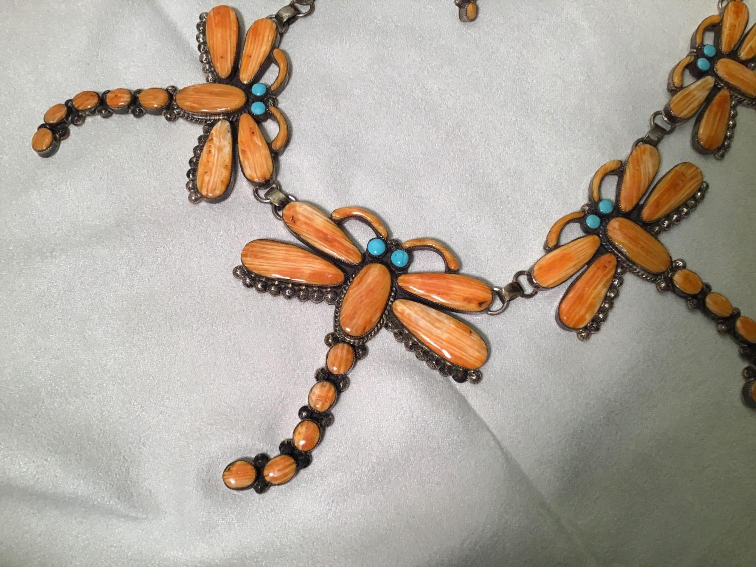 Image for Vintage Native Style sterling Silver and Spiny Oyster Dragonfly Necklace and Earrings 