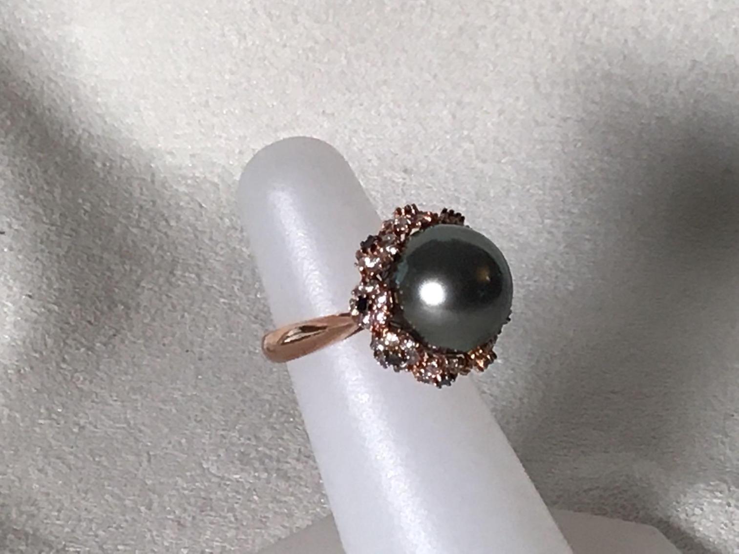 Image for South Sea Black Pearl Ring in 14 Kt Rose Gold with Diamonds and Sapphires