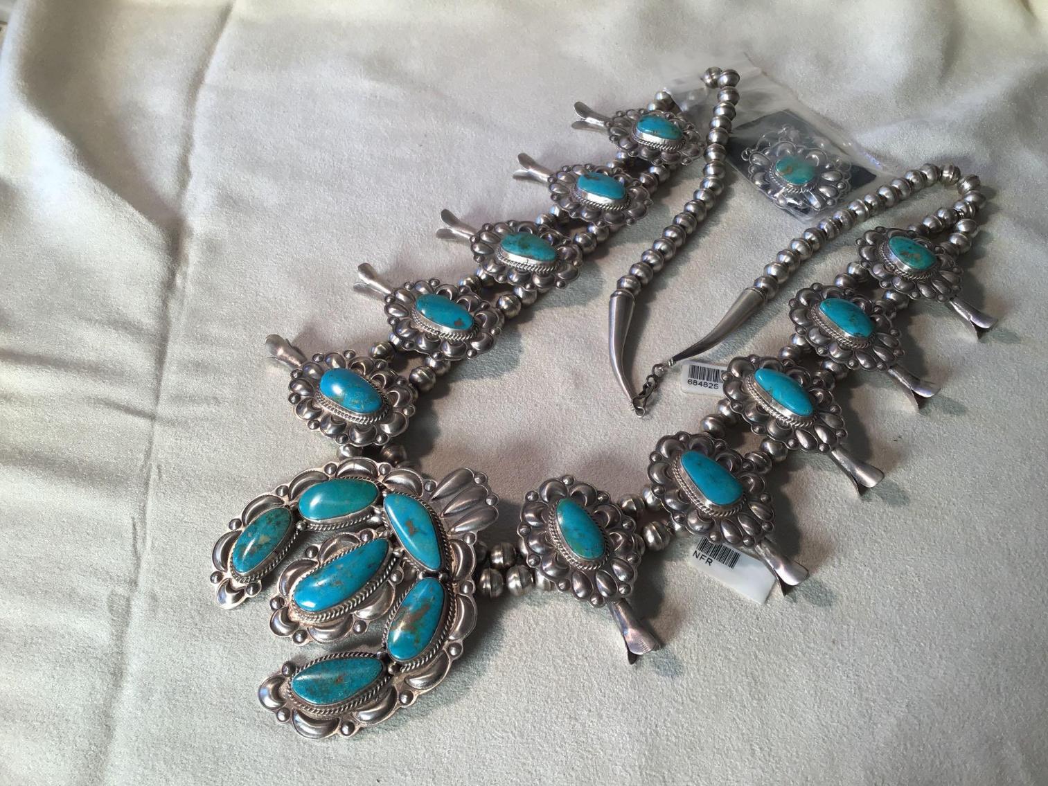 Image for Native American Style Brushed Sterling Squash Blossom Necklace and Earrings