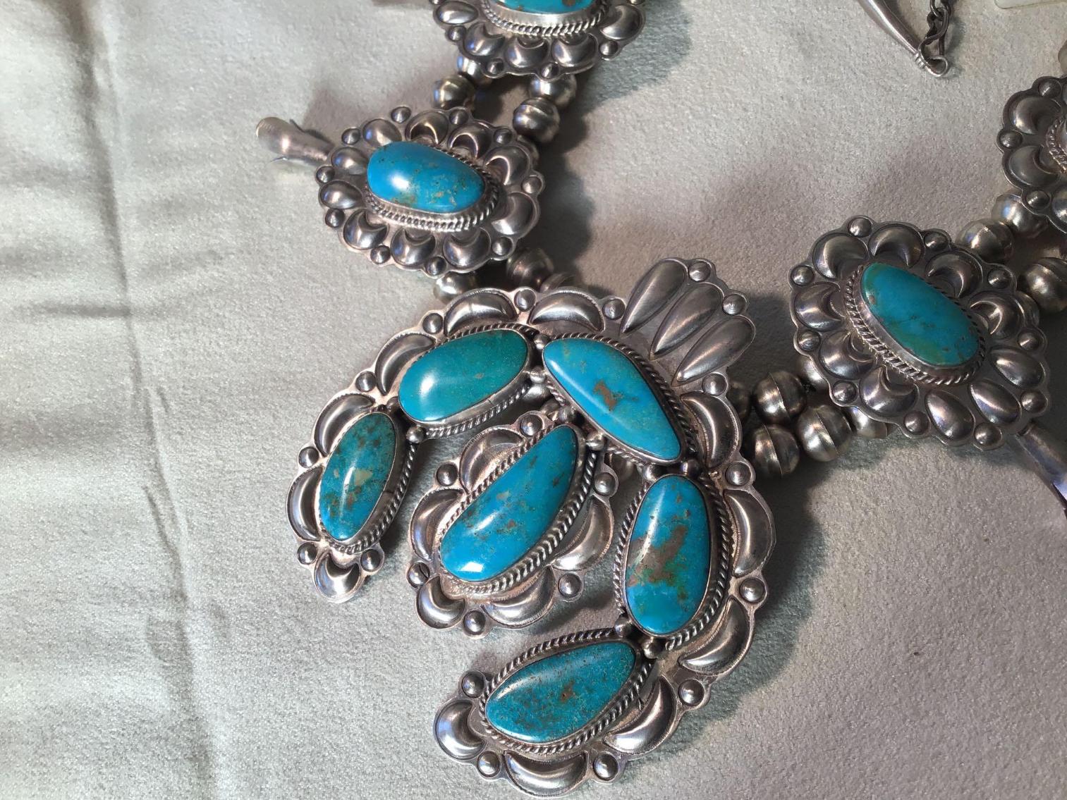 Image for Native American Style Brushed Sterling Squash Blossom Necklace and Earrings