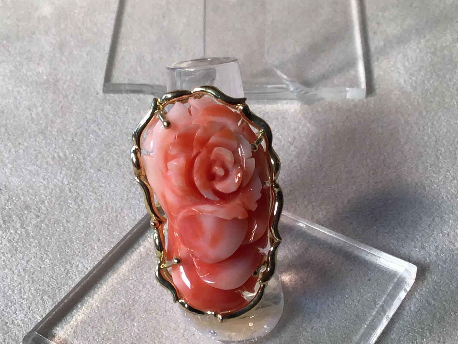 Image for Carved Coral and 14 kt Gold Ring and Earrings Set