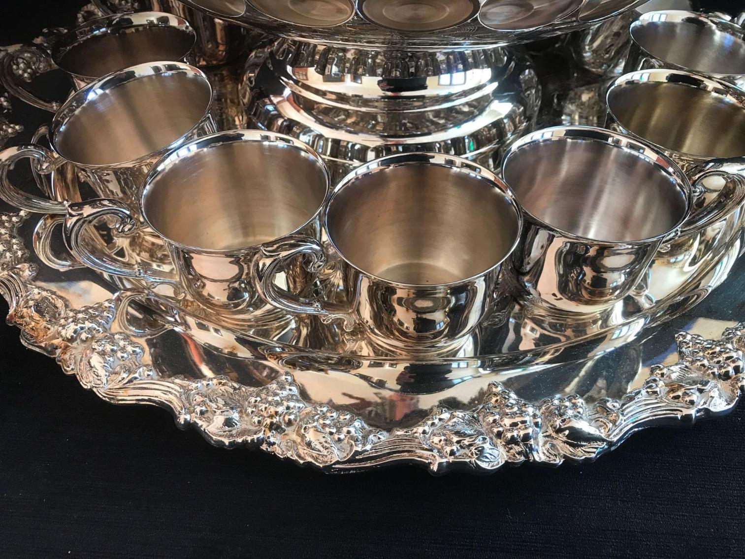 Image for Silver Plated Punch Bowl with Underplate and Cups