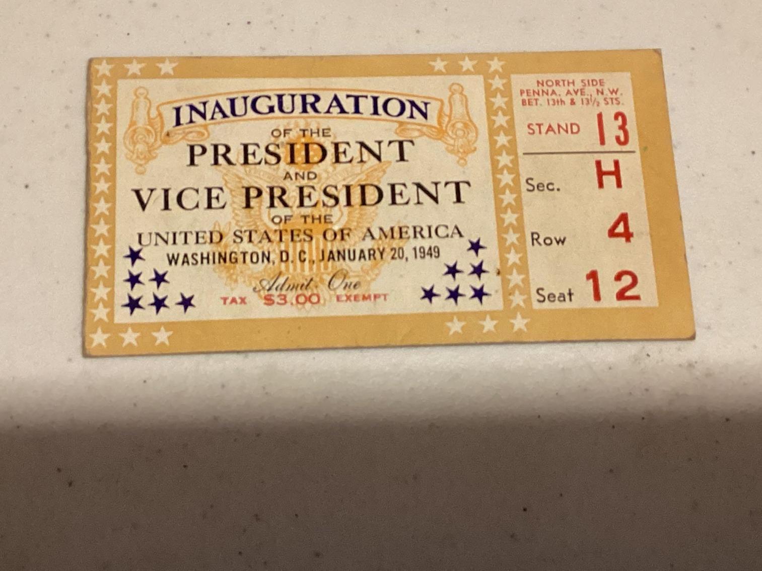 Image for 1949 Presidential Inauguration Ticket - Harry S. Truman