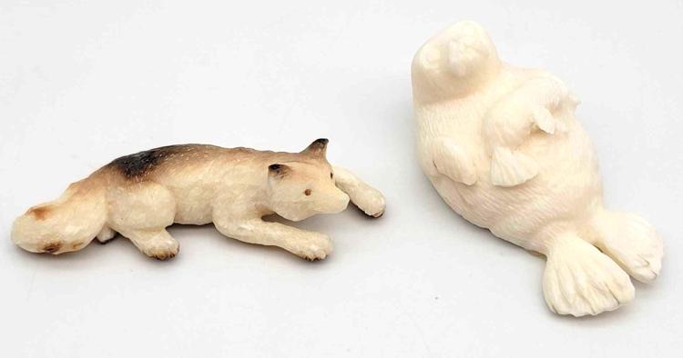 Two Walrus Ivory Carvings - Fox & Seal