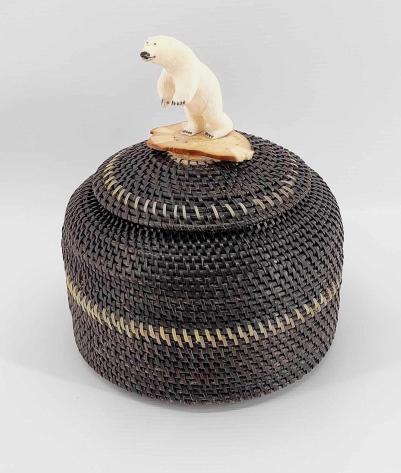 Inupiaq Baleen Basket w/Standing Polar Bear Finial by Marilyn Hank Otton