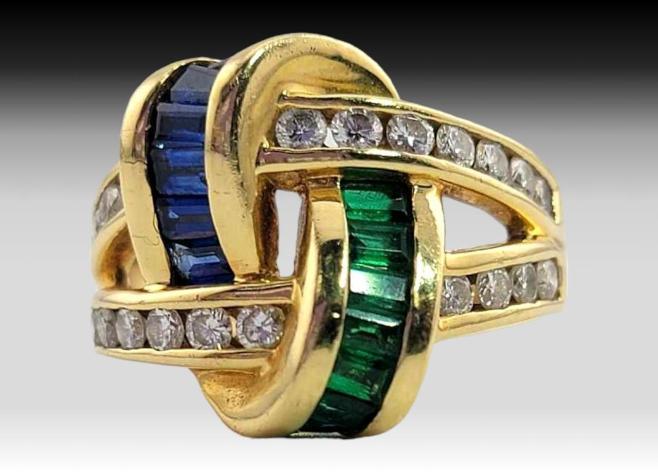 18k Yellow Gold, Diamond, Sapphire & Emerald Charles Krypell Ring, Size 7.5