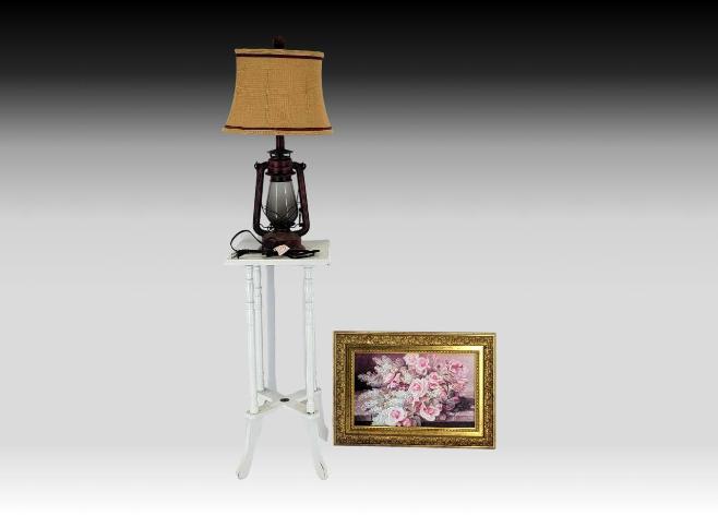 Accent Table, Desk Lamp & Floral Artwork
