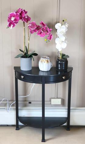 Half Round Accent Table, Wax Melt Warmer & Artificial Orchids in Ceramic Pots