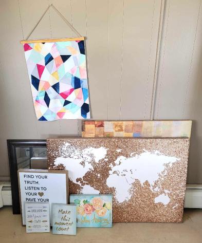Canvas Map, Abstract & Word Canvas Art w/ Banner & Framed Mirror