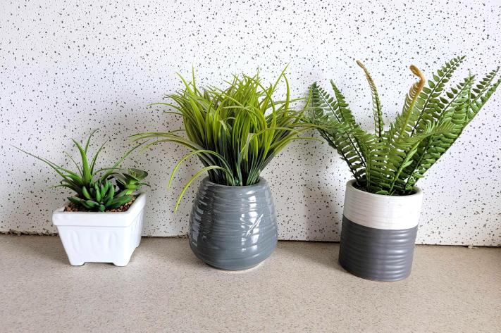 Artificial Succulents, Grasses & Ferns in Gray & White Planters