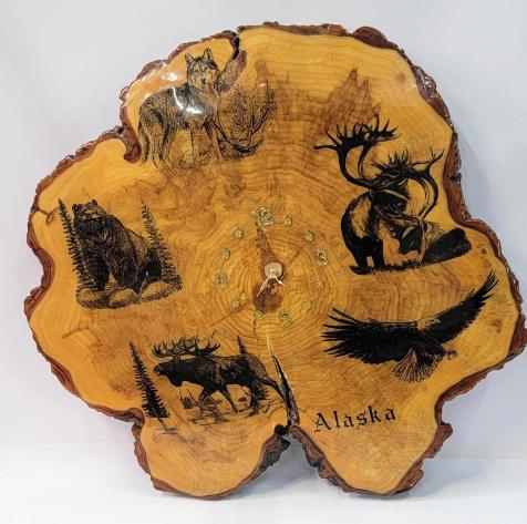 Alaska-Themed Tree Trunk Slice Clock