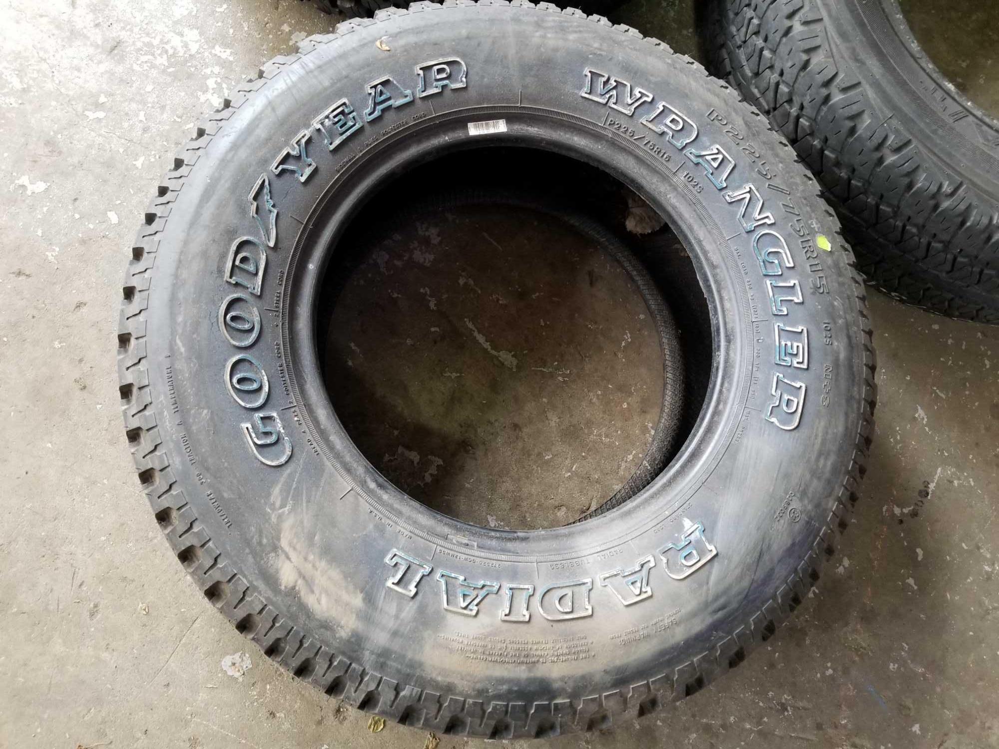 Qty (3) tires. Goodyear Wrangler Radial P225/... | HONDA MOTORCYCLE,  GO-KART, OFF-ROAD DIRTBIKE, POWER WHEELCHAIRS and RAMPS, MORGAN SILVER  DOLLAR, AUDIO and MUSIC, COLLECTIBLES, TANNING BED, BIKES, POWER TOOLS and  EQUIPMENT, HOME