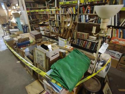 large-lot-of-misc-items-including-floor-lamp-books-framed-prints-magazi