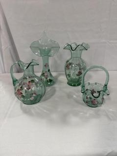4-pcs-hand-painted-fenton-green-glass-including-pitcher-basket-vases