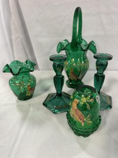 5-pcs-hand-painted-fenton-green-glass-including-candle-sticks-votive