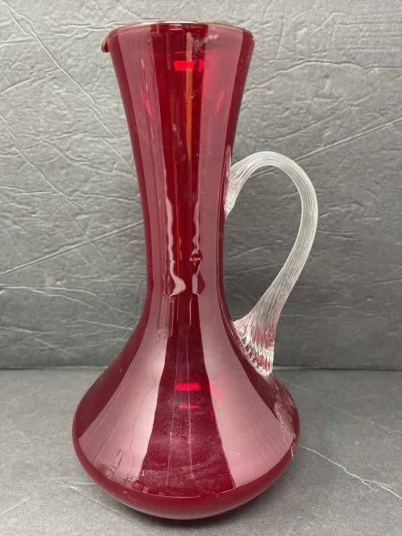 mid-century-ruby-handblown-glass-pitcher